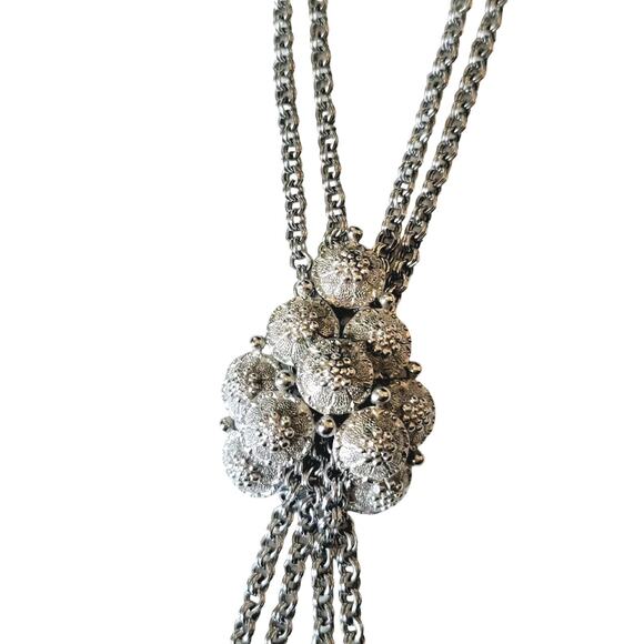 Vintage Crown Trifari Lariat Necklace Silver Tone Double Strand Pendant Dangle - Picture 4 of 7